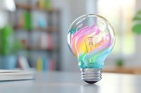 Glowing light bulb with vibrant rainbow colors inside on desk against blurred bookshelf background, representing creative inspiration and innovative ideas.