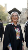 Happy mature Caucasian woman in graduation cap and gown smiling at university campus ceremony celebrating academic achievement and lifelong learning success.