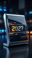 Futuristic chrome digital clock displaying 2027 with glowing orange numbers on reflective surface against blurred city lights background for tech concepts.