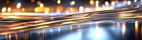 Glowing golden light trails and bokeh reflections on smooth water surface create atmospheric abstract background with warm illumination and depth effect.