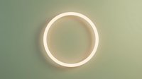 Glowing neon circle with warm white light on muted sage green wall, modern minimalist design for contemporary interior decor and digital projects.