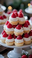 Elegant strawberry cream puffs tower on white cake stand with fresh berries and whipped cream for wedding dessert table or special celebration catering.