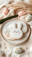 Sweet Easter cookies with bunny design and floral patterns on ceramic plate, styled with painted eggs and pampas grass on light fabric background.