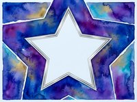 Watercolor star frame with vibrant blue and purple background, torn paper effect, silver border, copy space for text or design.