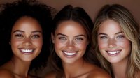 Diverse young women with radiant smiles and natural beauty showing different skin tones and hair types against dark background, representing inclusivity and friendship.