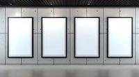 Four blank white vertical digital display screens mounted on modern industrial metal wall panels with rivets, suitable for advertising mockup presentation.