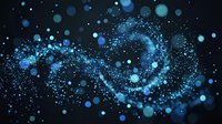 Blue glowing particles forming spiral galaxy pattern with bokeh lights on dark background for cosmic digital art and space technology designs.