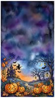 Spooky haunted house with jack-o-lanterns, bare trees, flying witch, and autumn leaves under starry night sky with purple and blue watercolor clouds.