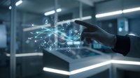 Hand touching holographic digital interface with glowing network connections and data visualization in modern tech environment for business innovation.