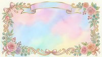 Pastel watercolor floral frame with roses, gold ornaments, ribbon banner, and bows on a soft rainbow background for greeting cards.