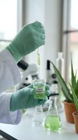 Scientist in green latex gloves holding dropper with aloe essence extract in laboratory setting with plants and equipment for skincare research.
