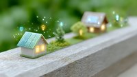 Miniature glowing houses on wooden surface with magical sparkles and bokeh lights creating cozy atmosphere for real estate and sustainable living concepts.