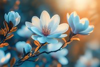 Delicate white magnolia flowers blooming on branch against blurred turquoise and orange background, macro photography with soft dreamy bokeh effect.