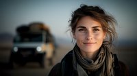 Young Caucasian woman with natural makeup and messy updo hairstyle smiling at camera outdoors, wearing scarf and jacket with off-road vehicle in blurred background.