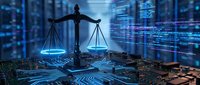 Digital justice scales on futuristic circuit board with glowing data streams representing legal technology and cyber law enforcement in modern courtroom.