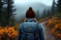 Young woman in brown beanie and blue backpack hiking on mountain trail surrounded by misty evergreen forest and golden autumn flowers in moody weather.