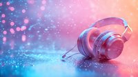 Modern wireless headphones on glittering surface with dreamy pink and blue gradient background, bokeh lights creating atmospheric music entertainment scene.