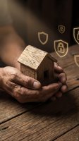 Hands holding wooden house model with glowing security shield icons floating above on dark wooden surface, representing home protection and cybersecurity insurance concepts.