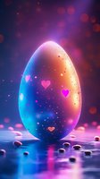 Magical glowing egg with heart patterns in vibrant gradient colors from blue to orange, surrounded by bokeh lights and reflective surface for Valentine designs.