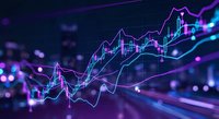 Financial data visualization with glowing purple and blue stock market charts showing upward trending growth patterns for investment analysis and trading.