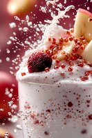 Creamy white dessert with fresh strawberry and red caviar pearls splashing in dynamic motion against warm bokeh background for culinary advertising.