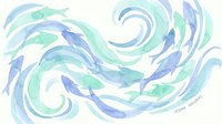Abstract watercolor swirls in blue and green tones creating flowing organic patterns on white background for modern design projects.