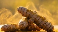 Fresh turmeric roots with golden powder spice for cooking, natural medicine and healthy nutrition on warm background.