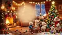 Teddy bears and stuffed animals gathered around a decorated Christmas tree in a cozy living room with fireplace, garland, twinkling lights, and wrapped gifts, evoking festive holiday nostalgia and childhood wonder.