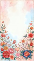 Watercolor floral border frame with roses, peonies, and hearts on soft pastel background. Isolated design element ready for invitations, greeting cards, and wedding stationery projects.