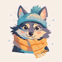 Cute cartoon wolf wearing winter knit beanie and striped scarf on pink background, stylized animal character illustration for children design and merchandise.