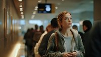 Young woman traveler with backpack looking up at departure board in busy airport terminal waiting for flight information.