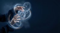 Businessman hands interacting with glowing digital gears and clock symbols, representing time management, workflow optimization, and business process automation technology.