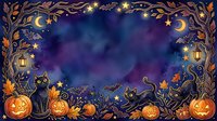 Spooky night scene with black cats, jack-o-lanterns, moons and stars in ornate golden frame border on dark blue purple gradient background. Halloween celebration design.