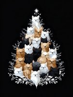 Festive Christmas tree shape formed by adorable cat faces in white, brown, and black, decorated with delicate botanical elements and star topper on dark background.