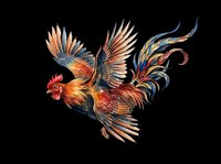Colorful flying rooster with spread wings and vivid plumage, isolated on transparent background, ready for t-shirt design, stickers, clipart, and print on demand use.