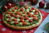 Festive Christmas pizza with pesto, cherry tomatoes and mozzarella on holiday table with ornaments and pine branches for seasonal dining celebration.