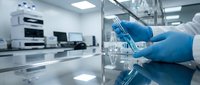 Laboratory technician in blue gloves handling glass equipment in modern sterile research facility with advanced scientific instruments and clean workspace.