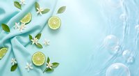 Fresh lime slices with white flowers and green leaves on soft mint fabric background. Natural spa and wellness concept for aromatherapy and relaxation designs.