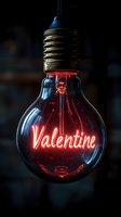 Vintage light bulb with glowing red Valentine text inside, hanging against dark background for romantic holiday decoration.