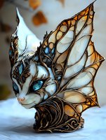Mystical cat sculpture with intricate butterfly wing patterns in blue and gold tones, featuring delicate filigree details and ethereal organic shapes. Fantasy art piece.