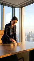 Woman in business attire arranging wooden blocks with dollar symbols on desk in high-rise office with city skyline view for financial planning and investment concepts.