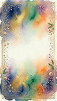 Watercolor gradient background with rainbow colors, gold ornamental frame border, stars and festive decorative elements, isolated on white space for greeting cards, invitations, posters.