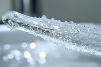 Frozen icicle with intricate bubble formations and crystalline structure captured in macro photography, showing delicate details against blurred winter background.