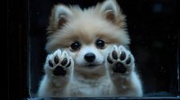 Adorable Pomeranian puppy pressing paws against glass window, showing playful expression with big eyes and fluffy cream-colored fur, creating heartwarming moment.