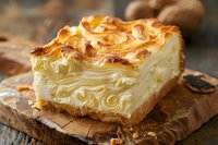 Golden layered pastry slice with flaky crust and creamy filling on rustic wooden board, homemade bakery dessert for culinary blogs and recipe content.