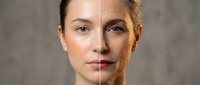 Split face comparison showing young and mature Caucasian woman demonstrating aging process and skincare transformation for anti-aging treatments.