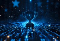 Glowing trophy silhouette on digital circuit background with blue star and light effects in dark space, representing victory in technology and innovation.