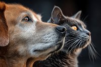 Close-up portrait of golden retriever dog and tabby cat looking up together against dark background. Pet friendship and companionship concept for veterinary care.