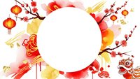 Chinese New Year celebration frame with red lanterns, plum blossoms, dragon dance masks and gold coins surrounding white circle for text placement.