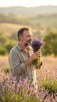 Middle-aged bearded man smelling fresh lavender bouquet in purple flower field during golden hour sunset with rolling hills countryside background.